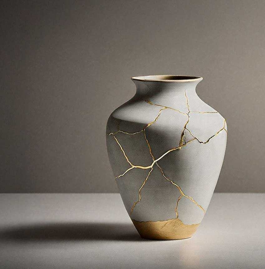 Kintsugi pottery with gold seams symbolizing resilience and healing