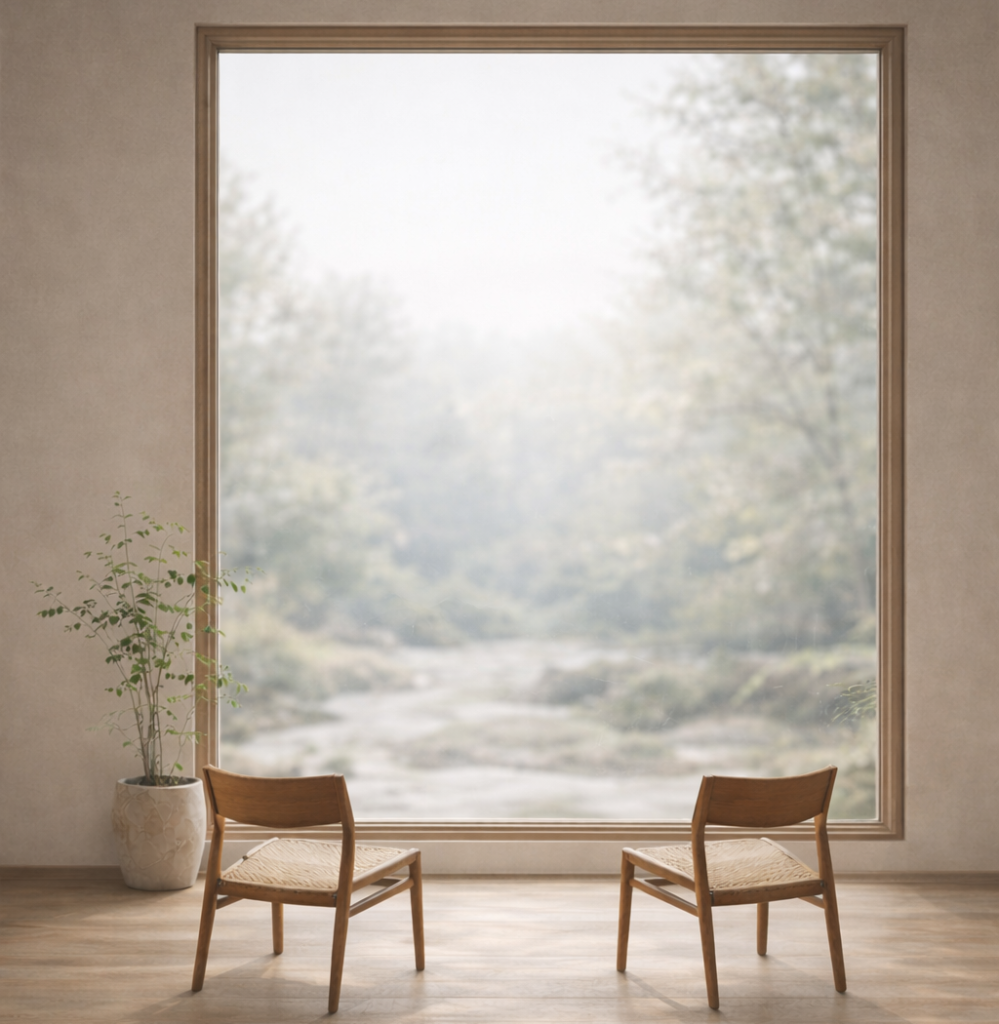 Two wooden chairs in a calm minimalist room facing a large window with soft natural light
