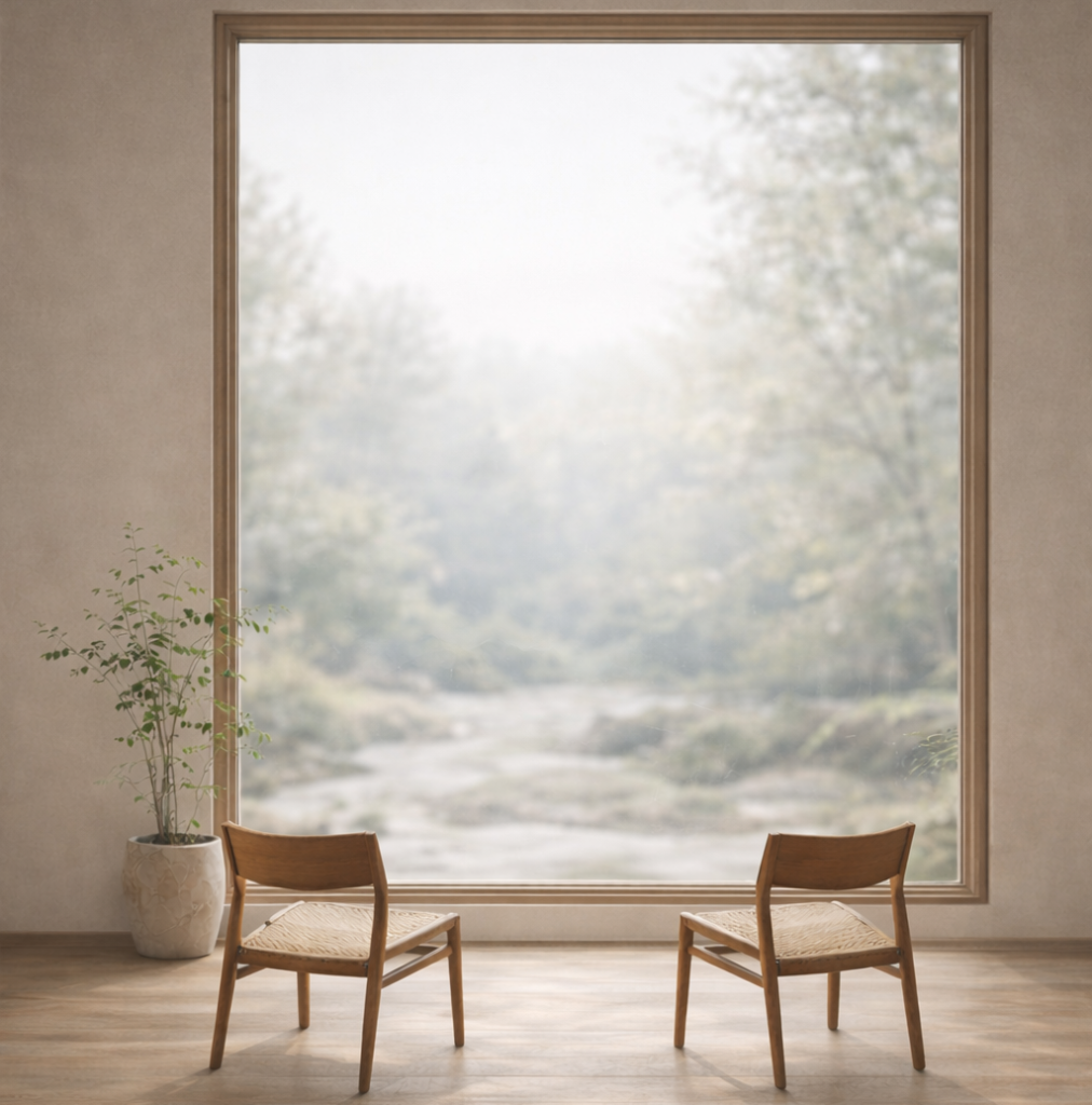 Two wooden chairs in a calm minimalist room facing a large window with soft natural light